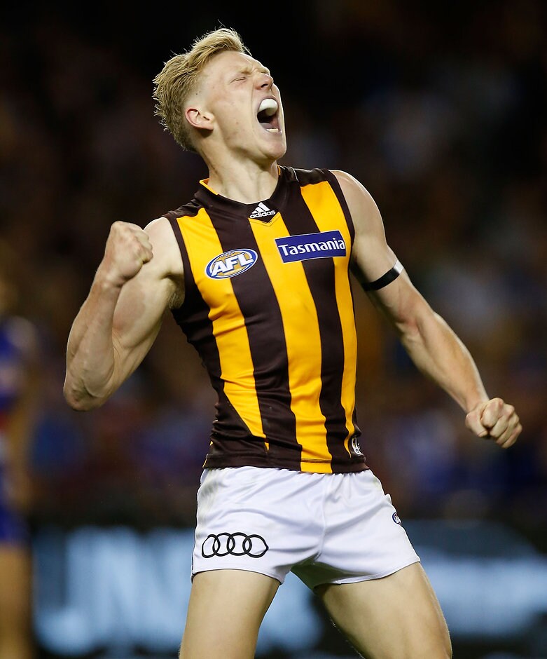 AFL 2016 Rd 03 - Western Bulldogs v Hawthorn MELBOURNE, AUSTRALIA - APRIL 10: James Sicily of the Hawks celebrates during the 2016 AFL Round 03 match between the Western Bulldogs and the Hawthorn Hawks at Etihad Stadium, Melbourne on April 10, 2016. (Photo by Michael Willson/AFL Media)